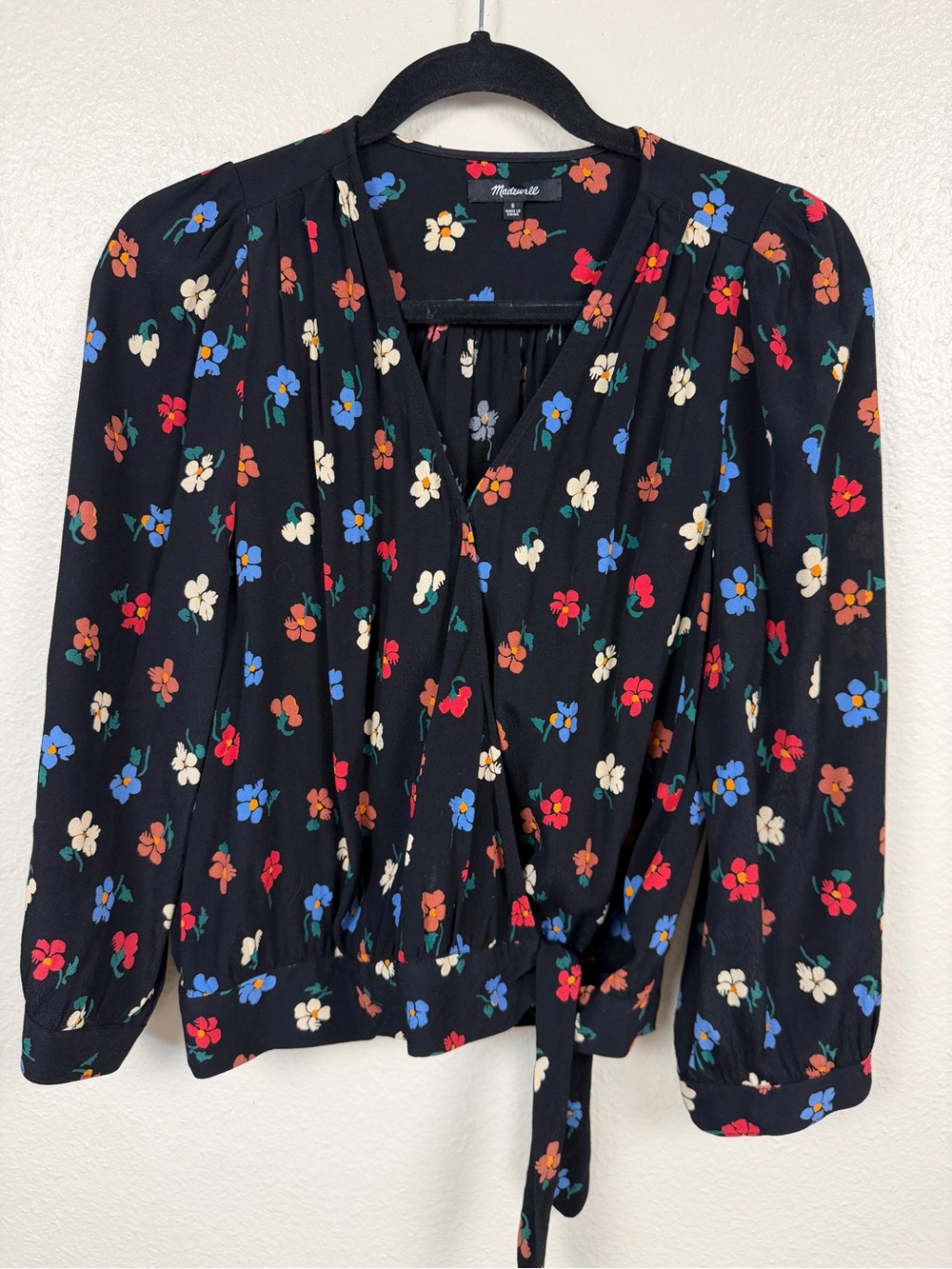Madewell Floral Wrap Blouse Black Tie Front Long Sleeve Top Womens Small Boho